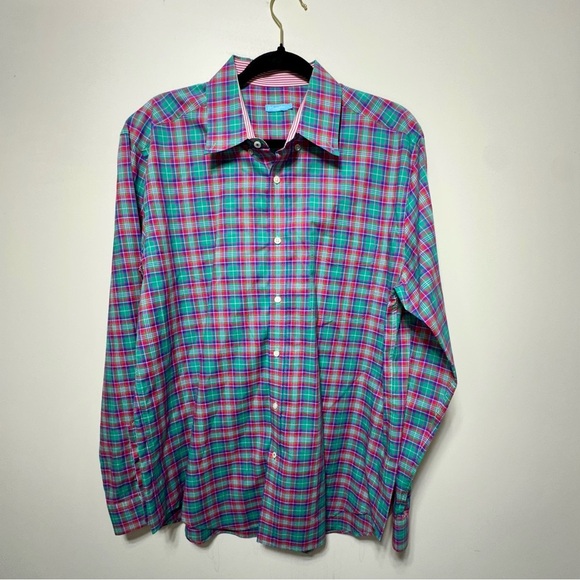 J.Mclaughlin Plaid Shirt Button-down Long Sleeves Green Multicolor L - Picture 1 of 4
